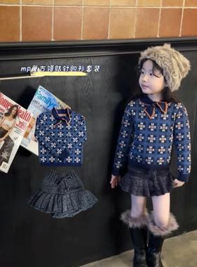 Miya MP提花领结针织毛衣女童秋冬复古花纹长袖套头衫裙裤2件套装