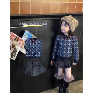 2件套装 Miya 裙裤 套头衫 MP提花领结针织毛衣女童秋冬复古花纹长袖