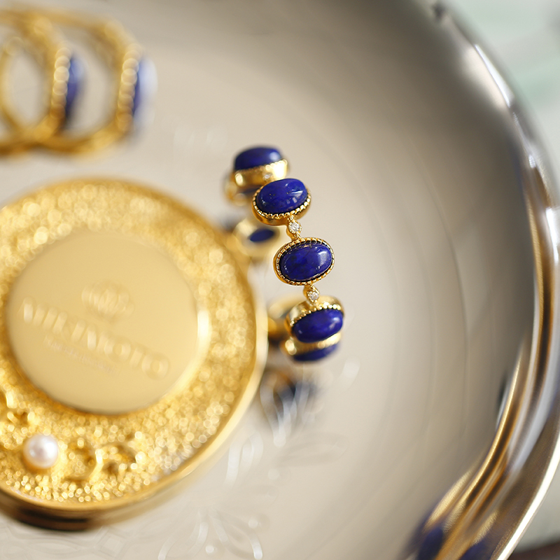 软语蛋面青金石银镀金气质戒指