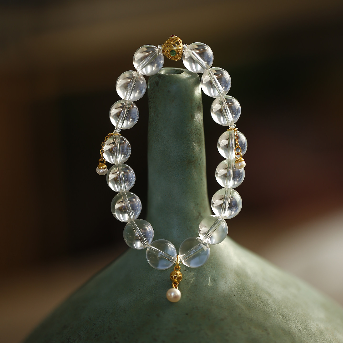 浮光丨软语古典新中式天然白水晶纯银镀金掐丝粽子珍珠流苏手链