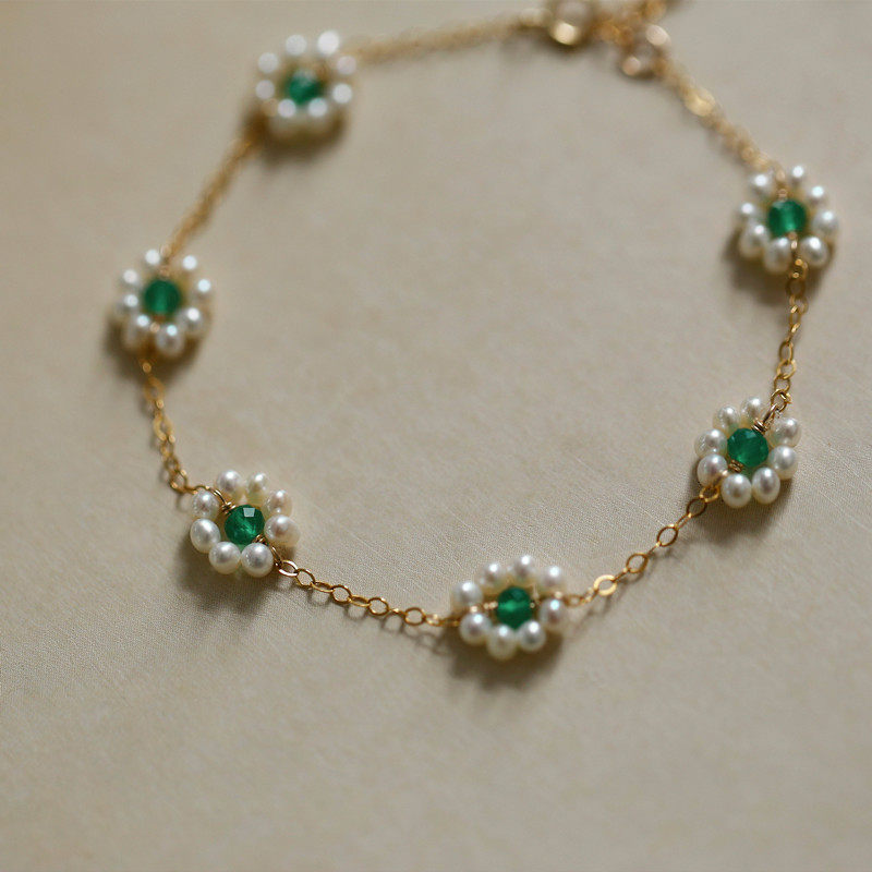 绿宝石之诗丨软语设计古典文艺天然珍珠绿玛瑙叠搭温柔仙气手链女