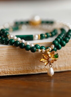 软语孔雀石珍珠古法金古典手串女