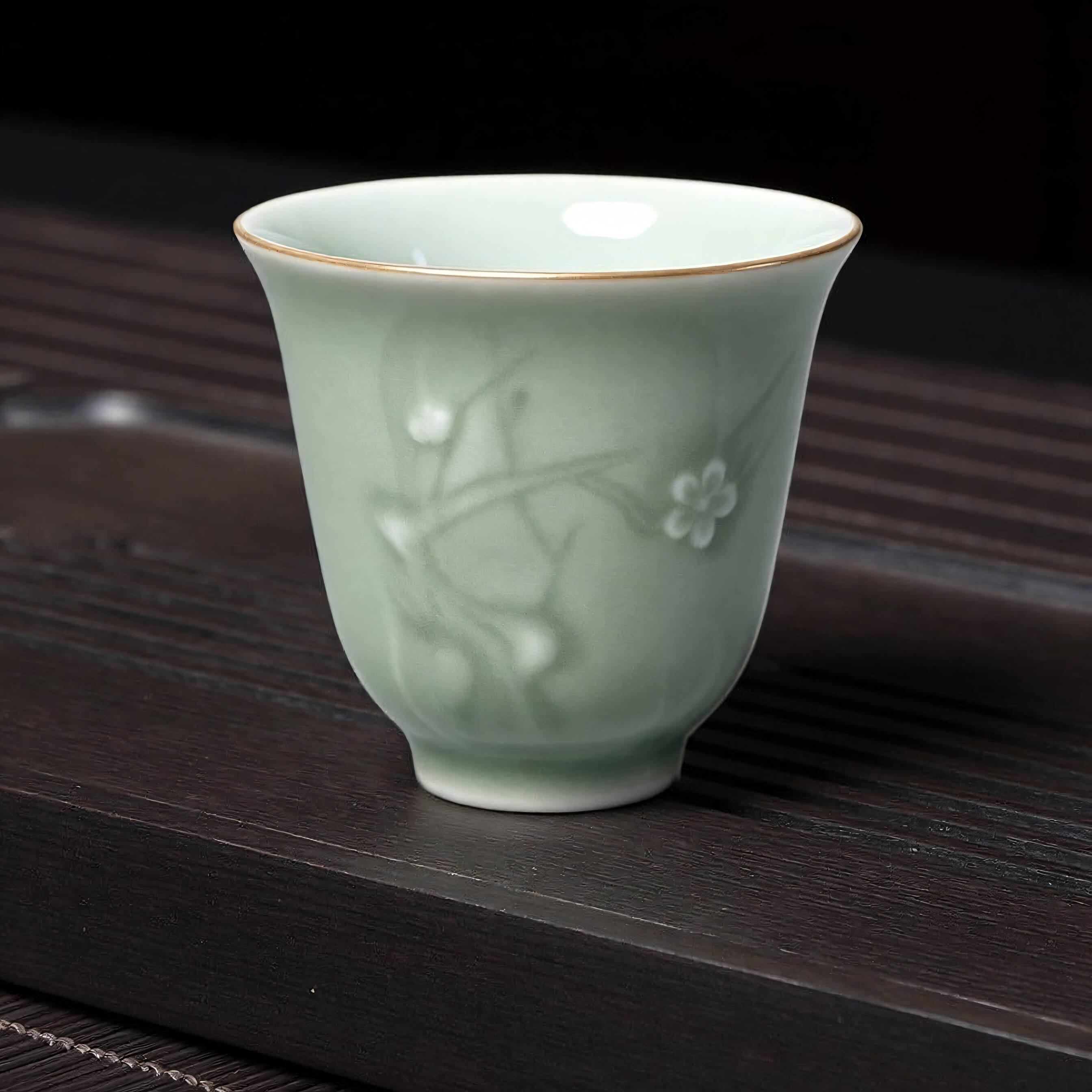 龙泉青瓷茶杯小精致主人杯功夫茶具品茶杯仿古茶盏花纹浮雕陶瓷