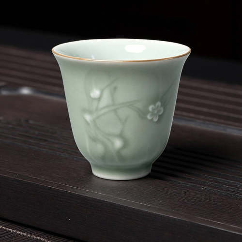 龙泉青瓷茶杯小精致主人杯功夫茶具品茶杯仿古茶盏花纹浮雕陶瓷
