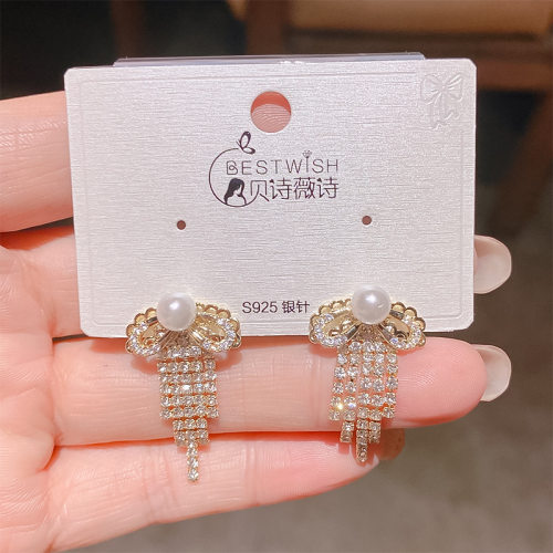 实拍轻奢闪钻精致蕾丝蝴蝶结流苏耳钉 银针甜美气质简约法式耳环