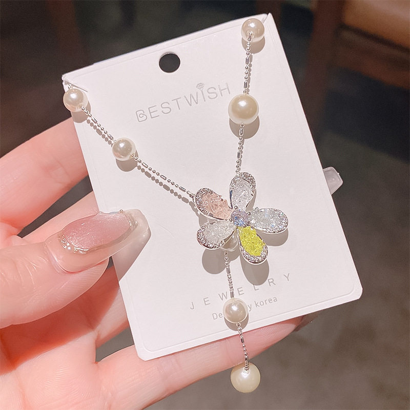 秋季超仙甜美彩色碎碎冰花朵珍珠流苏项链 女爆款轻奢小众锁骨链