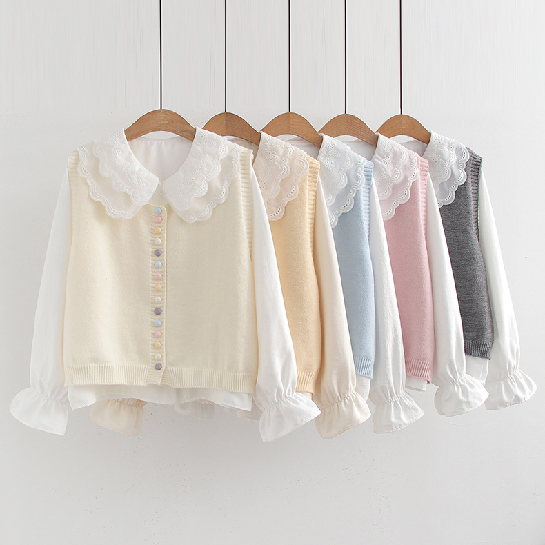 初中高中学生日系小清新彩扣针织马甲+娃娃领衬衫两件套装女春秋
