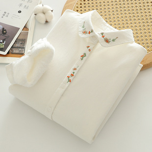 纯棉磨毛白衬衫女内搭打底纯白色衬衣冬季加绒加厚保暖小清新学生