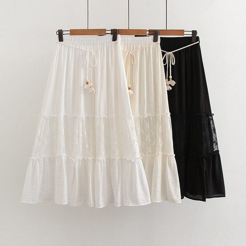 初中高中学生刺绣蕾丝拼接系带半身裙女甜美小清新公主A字裙大童