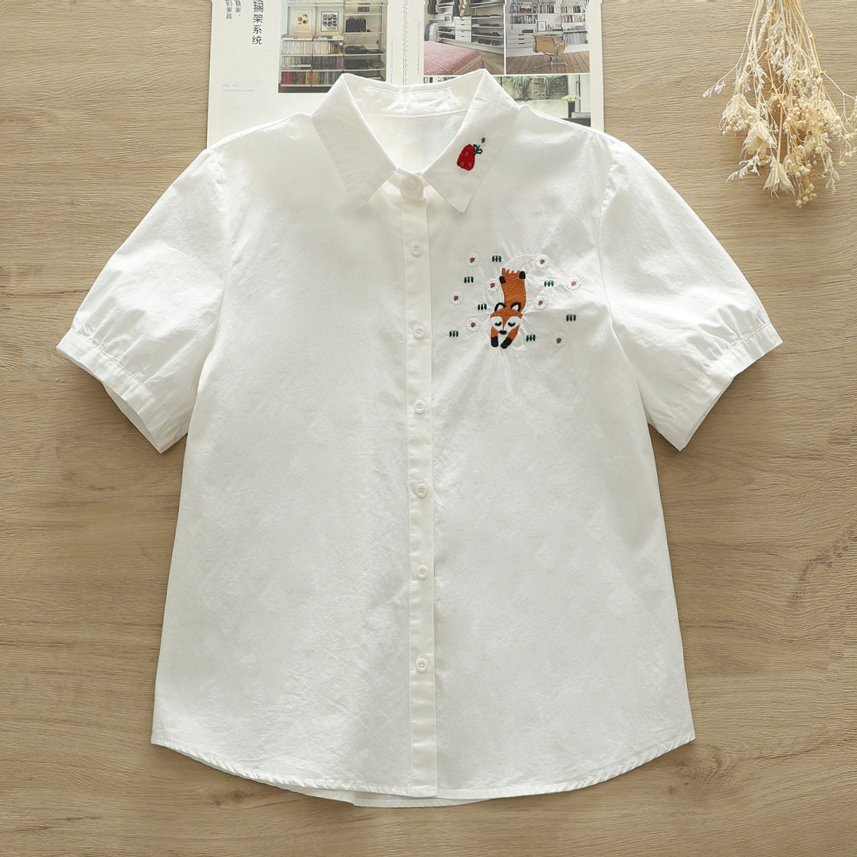 文艺小清新纯棉衬衫女短袖夏季宽松卡通刺绣上衣学院风白衬衣学生