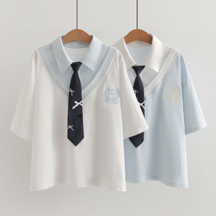 初中学生夏装12岁大童少女孩13纯棉短袖T恤15polo衫17假两件上衣