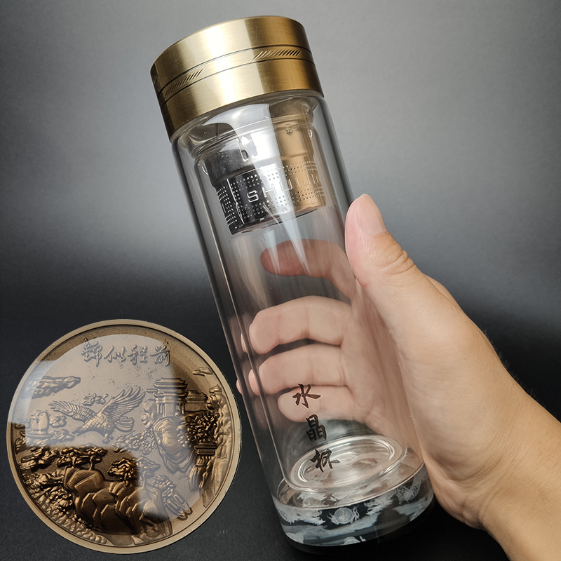 新款铜盖高硼硅双层水晶杯高档龙纹玻璃杯不锈钢茶漏前程似锦水杯