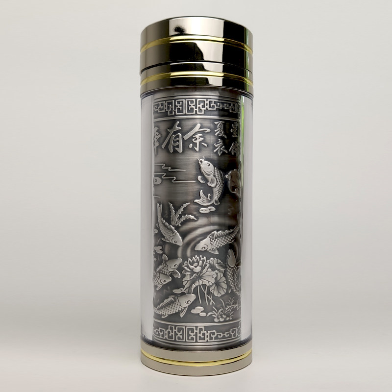 景区足银S999银杯浮雕心经杯纯银水杯送礼泡茶银杯子银制茶杯证书