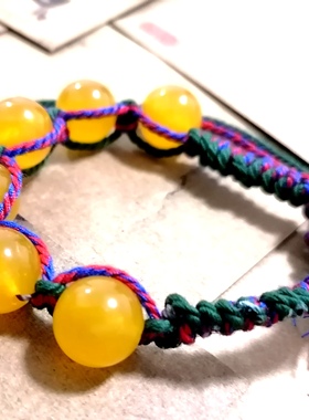 福百瑞珠宝天然黄玉髓大珠手编复古美搭精工编织手搓棉线手链