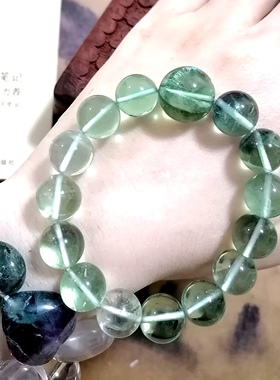 福百瑞珠宝孤品天然玻璃体湖水翠绿冰糖萤石大珠美貌复古手链