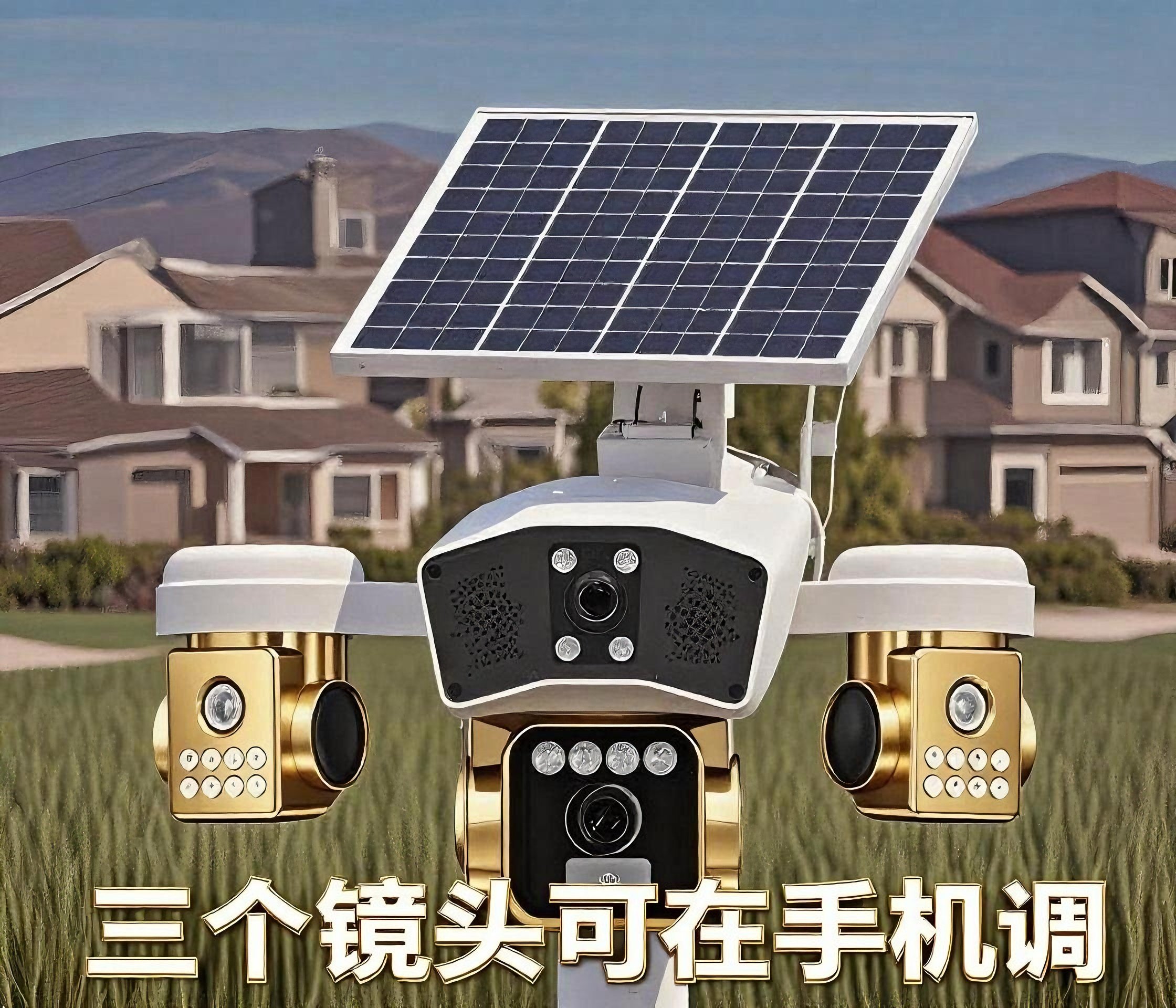 新款三云台自动旋转家用太阳能监控器户外鱼塘养殖果园别墅超高清