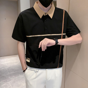 短袖polo衫男夏季潮牌高级感贴条翻领社会风T恤 白色 PL14/特P45图片