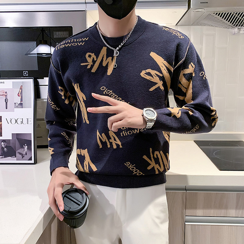 双面穿毛衣男潮牌社会小伙秋冬季字母圆领针织衫两色M22-P78,男装针织衫/毛衣,星座301C（原B323）