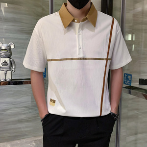 短袖polo衫男夏季潮牌高级感贴条翻领社会风T恤 白色 PL14/特P45图片