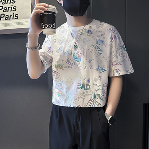 高级感印花短袖T恤男潮流百搭社会小伙店主风B323-DT44-P48控68图片