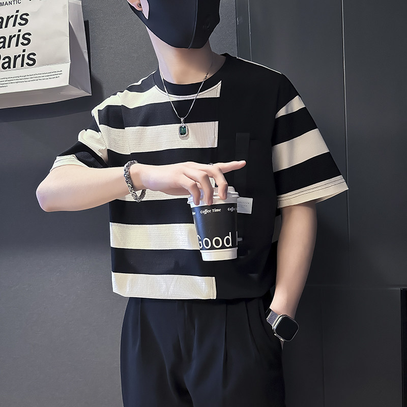 夏季潮牌ins宽松条纹短袖T恤社会小伙店主风B323-DT46-特P58控78,男装T恤,星座301C（原B323）