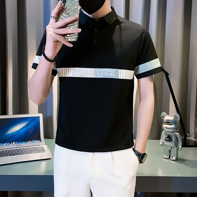 短袖polo衫男潮牌痞帅高级感拼接男装衣服社会B323/PL12/特P58,男装T恤,星座301C（原B323）