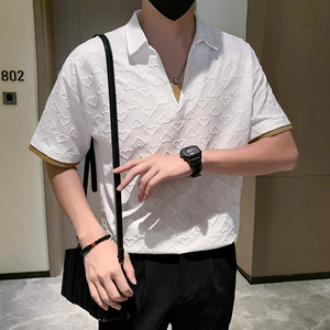 假两件短袖t恤POLO衫男潮牌高级感拼接爱心提花 白色 PL15/特P45图片