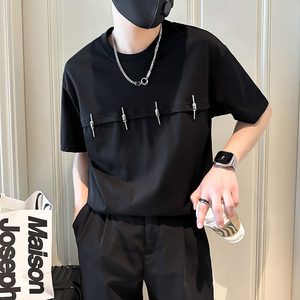 短袖T恤男拼接织带社会小伙店主风男生高级感痞帅B323-DT54-P58