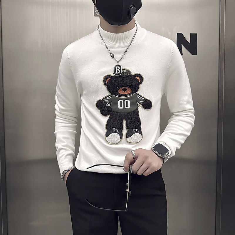 社会小伙半高领毛衣男修身小熊图案打底衫B323-M51-特P58控78,男装T恤,星座301C（原B323）