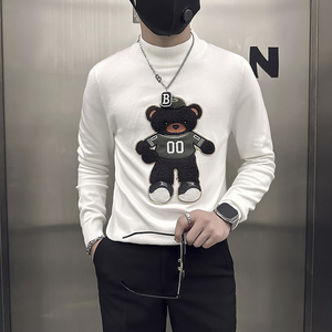 社会小伙半高领毛衣男修身小熊图案打底衫B323-M51-特P58控78图片