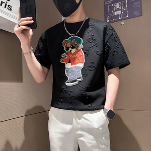 B323-DT66-P48控68社会小伙短袖T恤男店主风小熊刺绣潮流半袖衣服图片