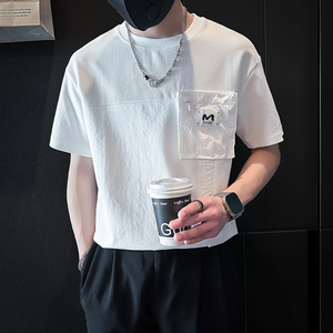 短袖T恤男拼接织带社会小伙店主风男生高级感痞帅B323-DT53-P58图片