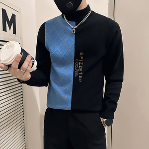 社会小伙毛衣男半高领中领修身拼色加厚针织衫B323-M46-P78控108图片
