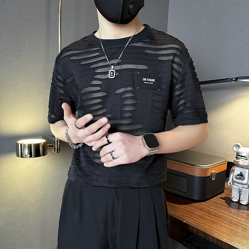 潮男痞帅破洞男士短袖t恤修身社会小伙店主风B323-DT38-P48控68,男装T恤,星座301C（原B323）