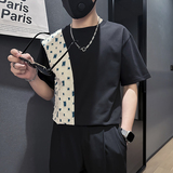 拼接男士破洞格子圆领短袖T恤社会小伙店主风B323-DT48-P48控68，男装T恤，星座301C（原B323）