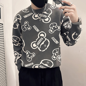 抖音社会小伙毛衣男小熊字母钩花图案加厚针织衫B323-M41-P68控98图片