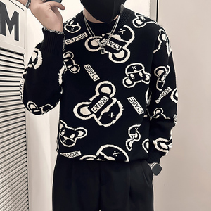 抖音社会小伙毛衣男小熊字母钩花图案加厚针织衫B323-M41-P68控98图片