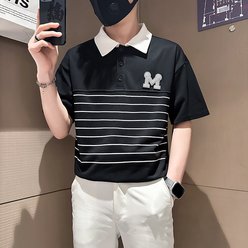 B323-PL23-P55控75社会小伙短袖POLO衫男店主风时尚条纹半袖衣服图片