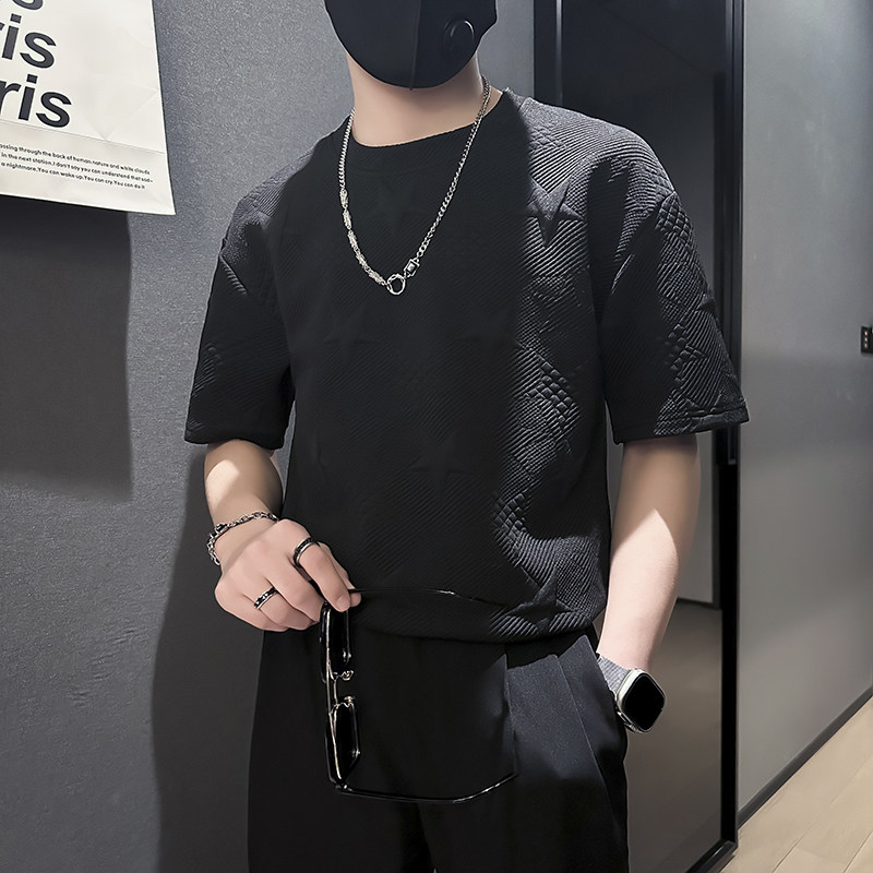 夏季痞帅短袖t恤男五角星提花社会小伙店主风B323-DT33-P48控68,男装T恤,星座301C（原B323）