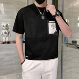 潮牌短袖时尚圆领创意拼接社会风T恤男高档面料黑色DT29/P53，男装T恤，星座301C（原B323）