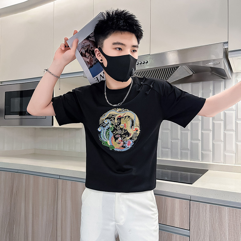 B323-DT67A-特P48控68风短袖T恤男刺绣盘扣设计感社会小伙,男装T恤,星座301C（原B323）
