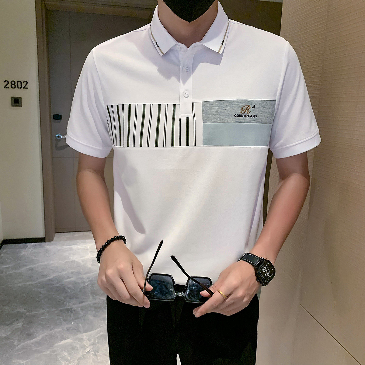 短袖polo衫男潮牌拼接高档高级感痞帅翻领t恤 白色PL13/特P58图片
