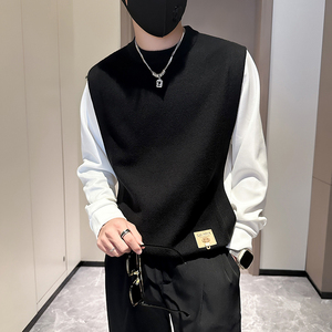 抖音假两件毛衣男高级感潮牌秋冬拼接社会小伙B323-M35-P88图片