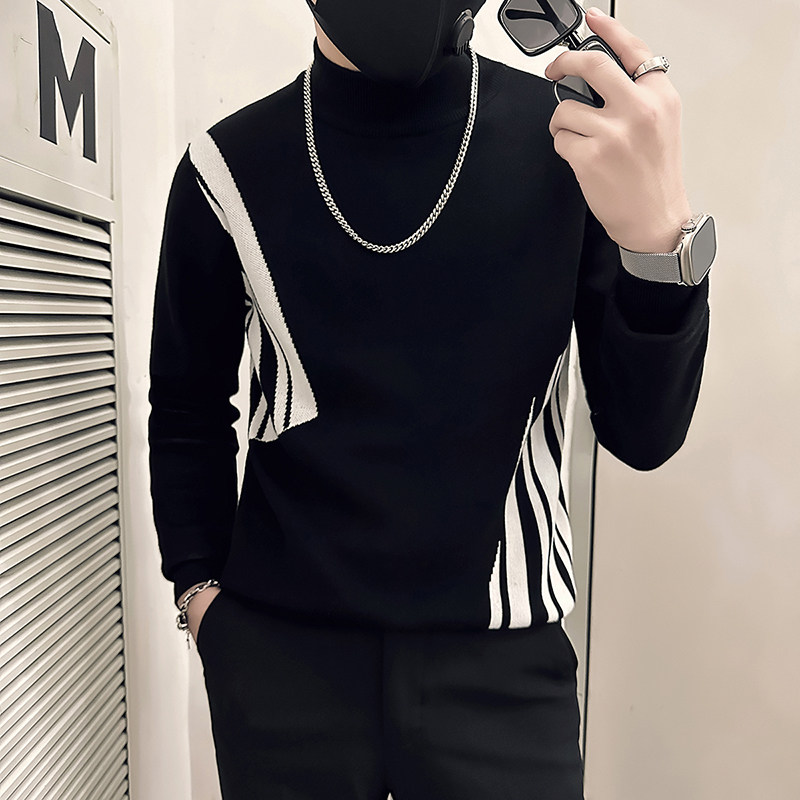 抖音社会小伙毛衣男半高领撞色针织打底衫B323-M38-P78控108,男装T恤,星座301C（原B323）
