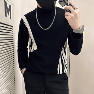 抖音社会小伙毛衣男半高领撞色针织打底衫B323-M38-P78控108图片