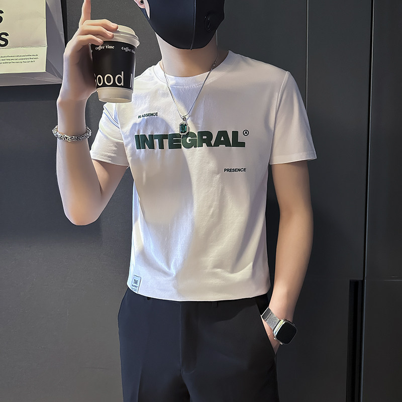 夏季短袖T恤男修身潮流字母社会小伙店主风B323-DT05A-P38控58,男装T恤,星座301C（原B323）