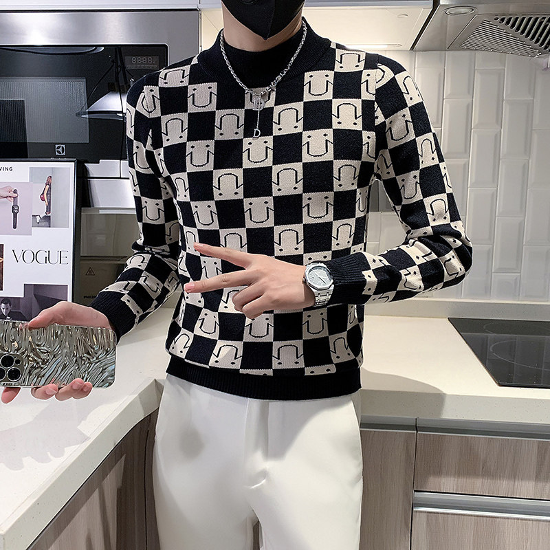 社会小伙半高领毛衣男格子潮牌ins痞帅炸街秋冬款三色M19-P68,男装针织衫/毛衣,星座301C（原B323）