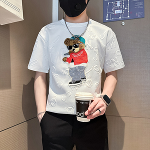 B323-DT66-P48控68社会小伙短袖T恤男店主风小熊刺绣潮流半袖衣服图片
