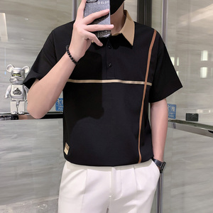 短袖polo衫男夏季潮牌高级感贴条翻领社会风T恤黑色PL14/特P45,黑色带帽裙子怎么搭配图片