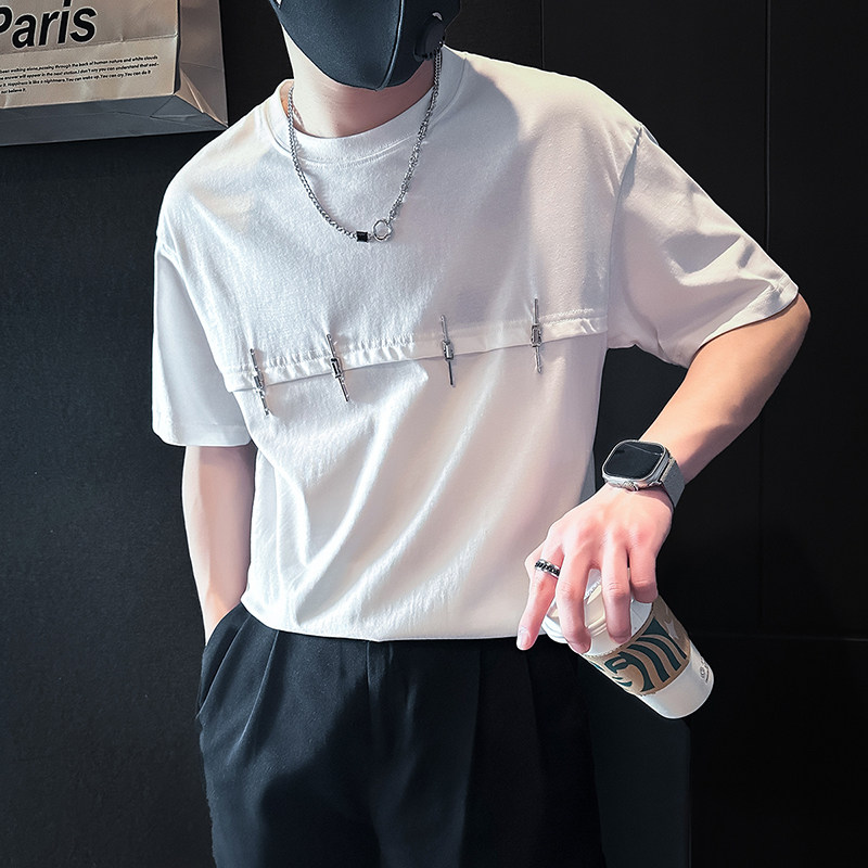 金属装饰高级感短袖T恤男潮流社会小伙店主风B323-DT54-P58,男装T恤,星座301C（原B323）